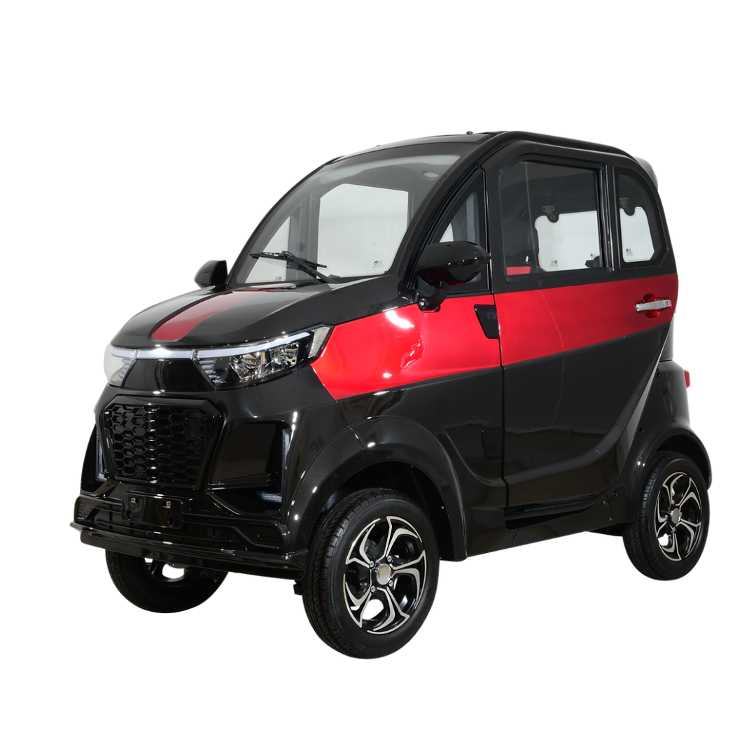 The Green Transporter Q Express Fully Enclosed Scooter is a small, modern two-door electric vehicle with a black body, red side stripe, 60V 1200W motor, and enclosed cabin, shown on a white background.